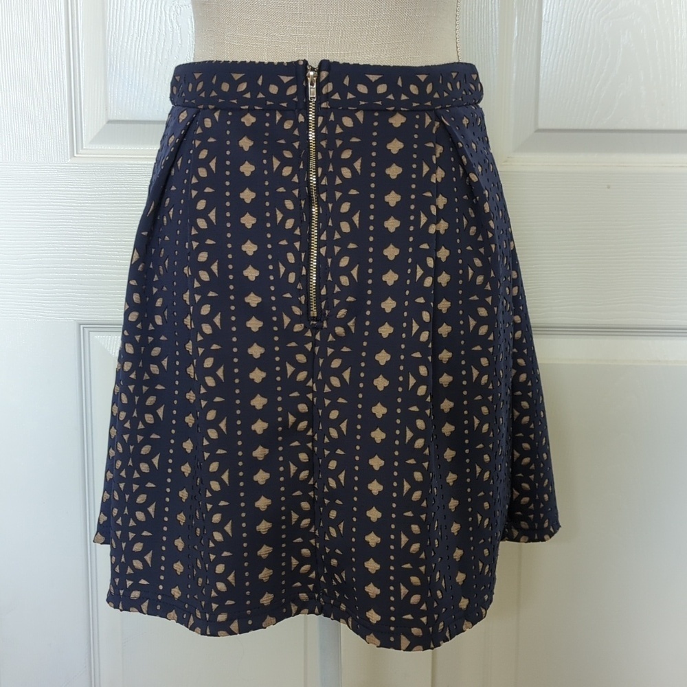 Blue Rain Navy and Tan Geometric Laser Cutout Mini Skirt - Picture 3 of 6